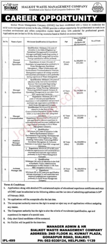 Sialkot Waste Management Company SWMC Jobs February 2025 
