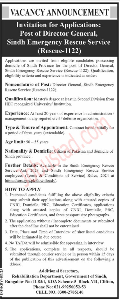 Sindh Emergency Services Rescue 1122 Jobs February 2025
