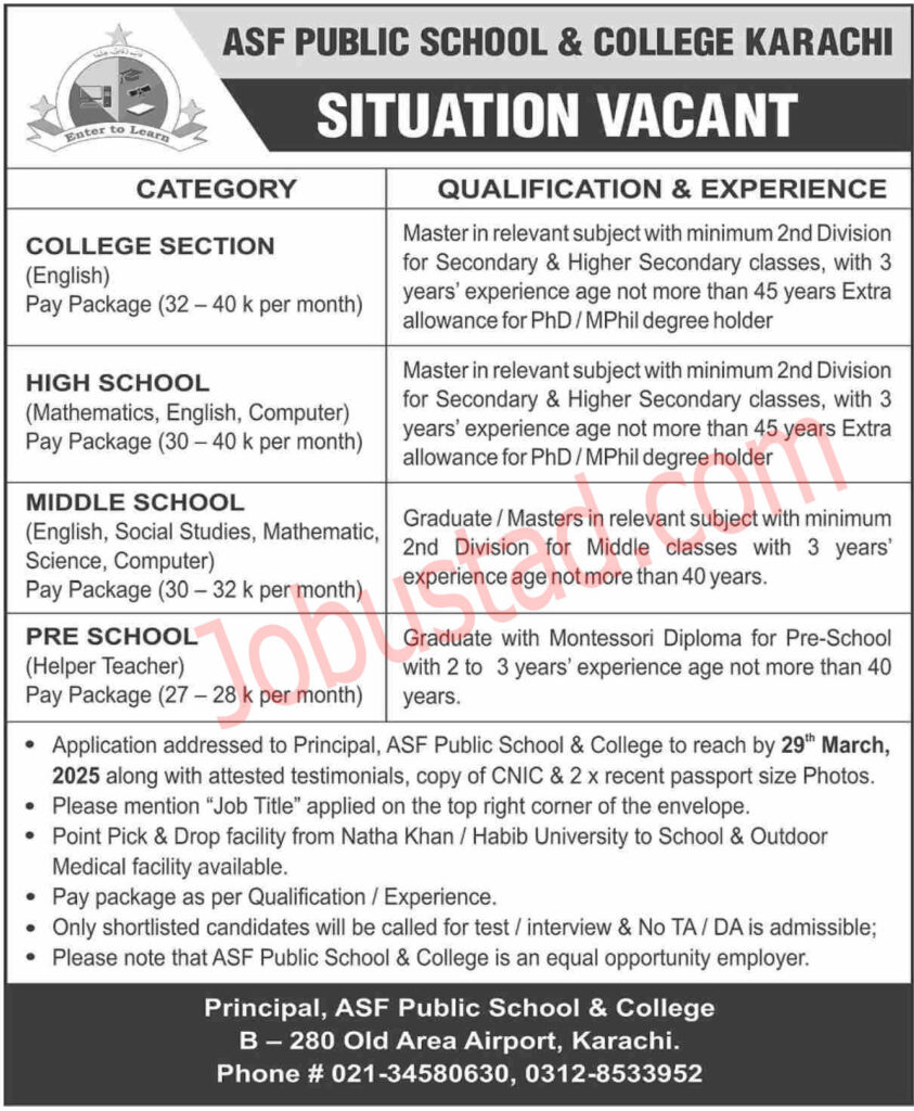 ASF Public School & College Jobs in Karachi March 2025