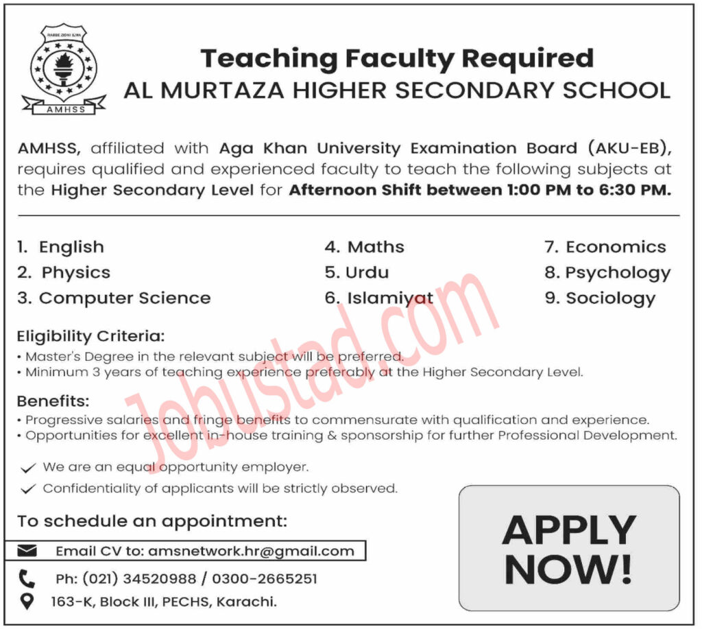 Al Murtaza Higher Secondary School Jobs in Karachi March 2025