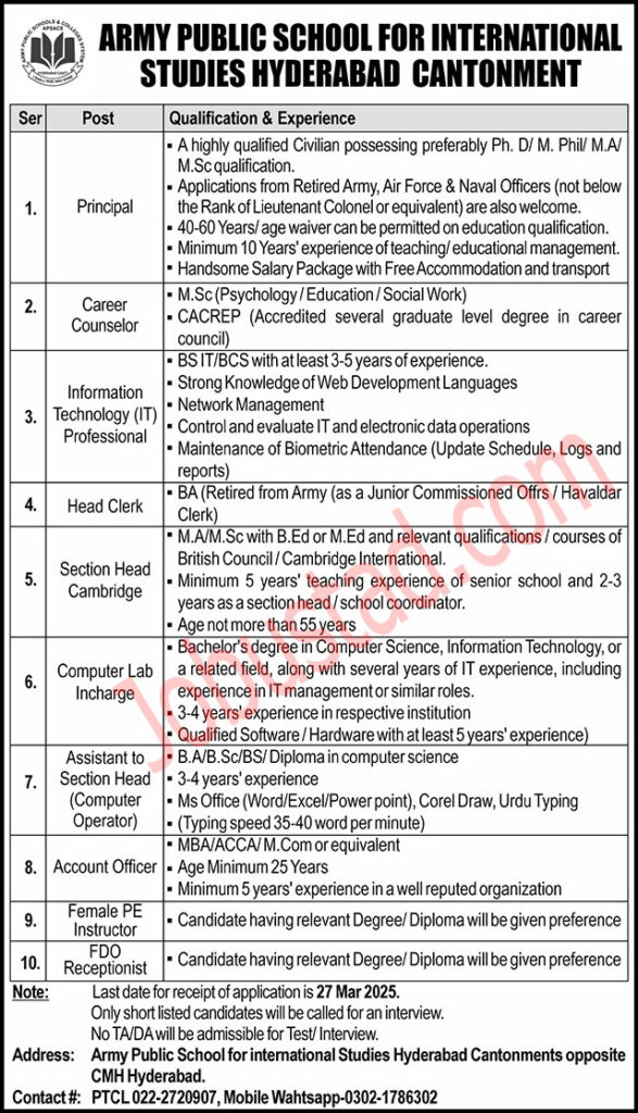 Army Public School for International Studies Jobs in Hyderabad March 2025 
