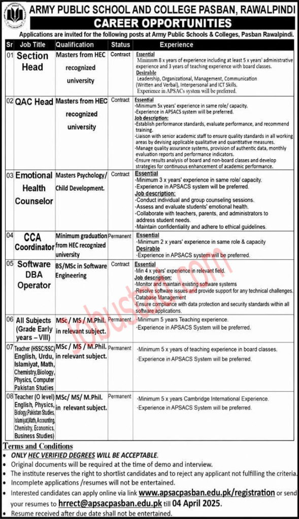 Army Public School and College Pasban Jobs in Rawalpindi March 2025