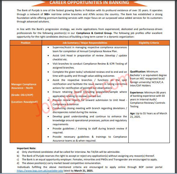 Latest Jobs in Bank of Punjab