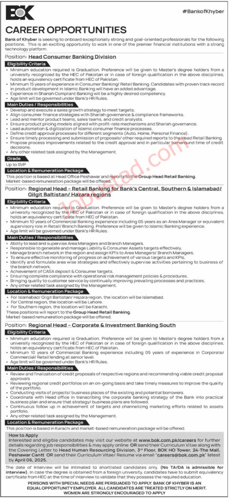 New Bank of Khyber BOK Jobs in Pakistan March 2025