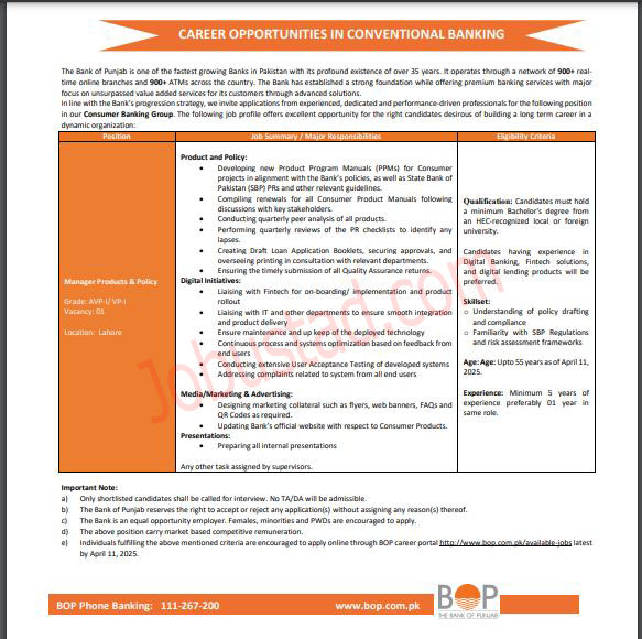 New Bank of Punjab Jobs in Lahore April 2025