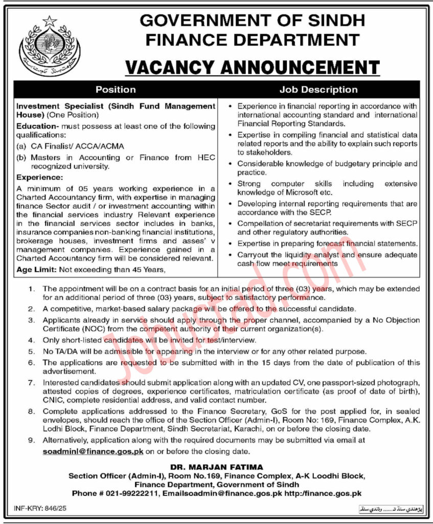 Finance Department Jobs in Sindh March 2025