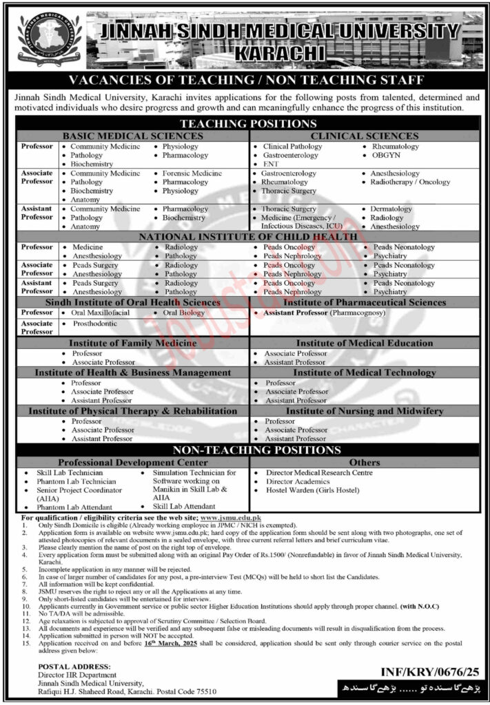 Jinnah Sindh Medical University Jobs March 2025
