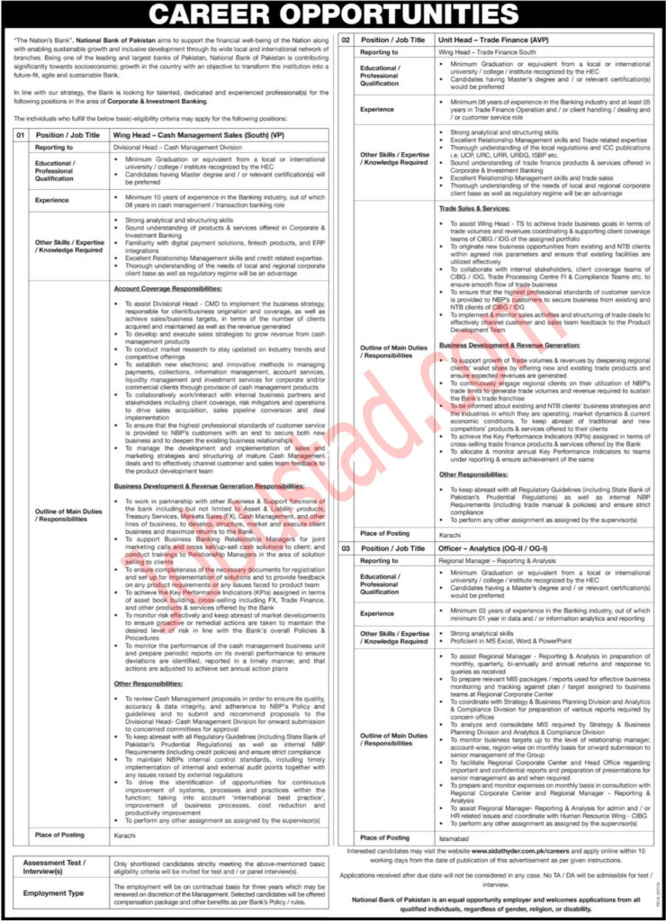Jobs in National Bank of Pakistan NBP Karachi District March 2025