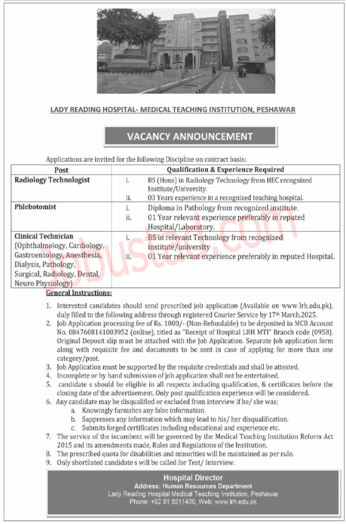 Lady Reading Hospital Jobs in Peshawar March 2025