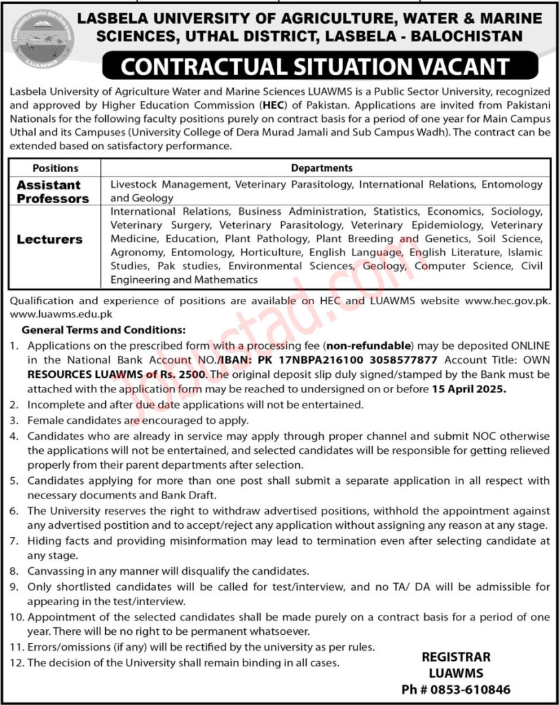 Lasbela University Jobs in Balochista April 2025