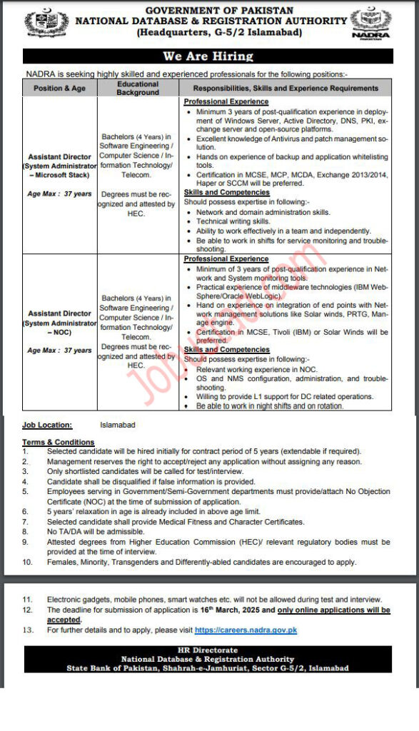 Latest Nadra Jobs in Islamabad March 2025