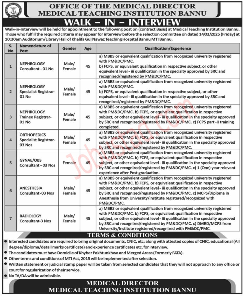 Medical Teaching Institution Jobs in Bannu March 2025 