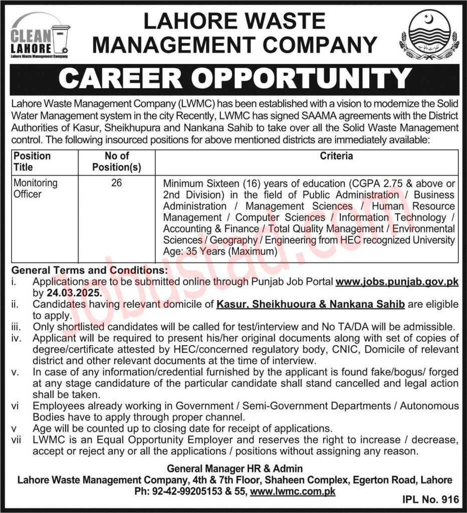 Monitoring Officer Jobs in Lahore March 2025