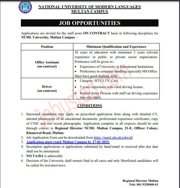 NUML Jobs in Multan Campus March 2025