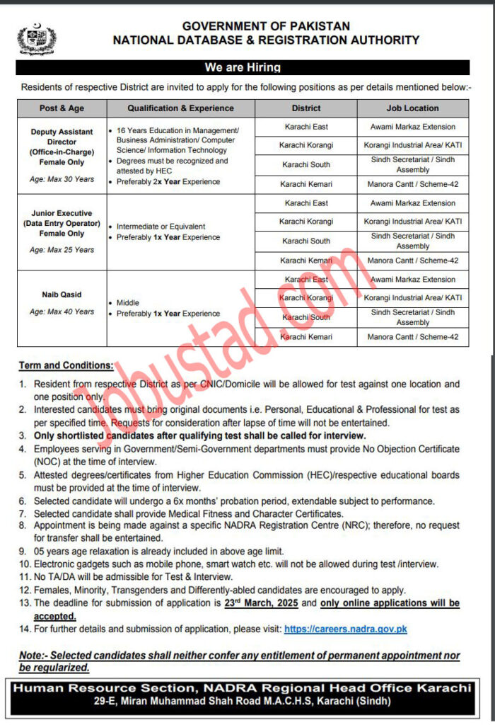 Nadra Jobs in Karachi Region March 2025