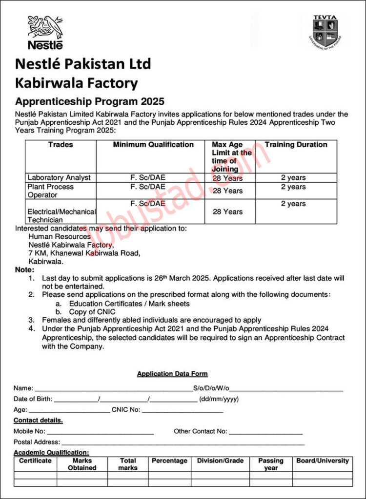 Nestle Pakistan Ltd Apprenticeship Program 2025