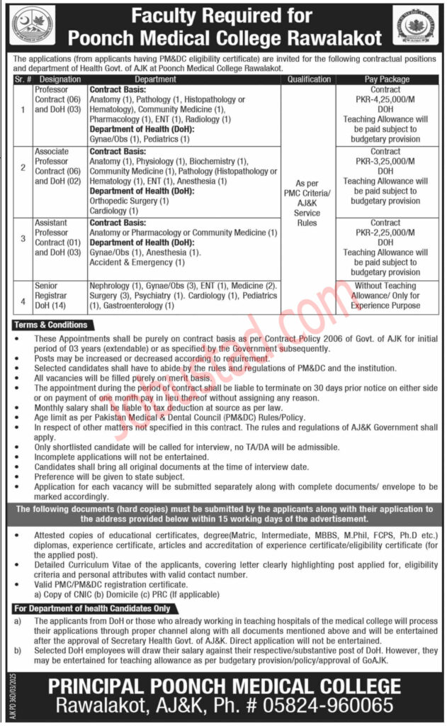 Poonch Medical College Jobs in Rawalakot April 2025