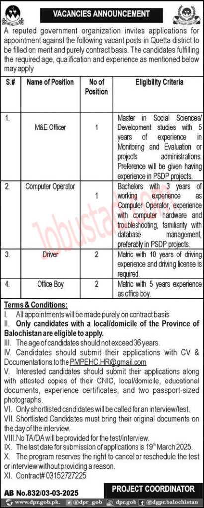 Public Sector Organization Jobs in Quetta March 2025