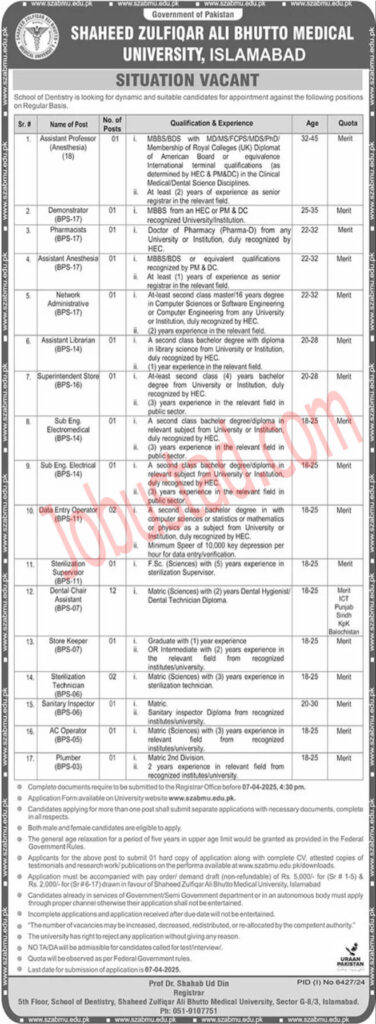 Shaheed Zulfiqar Ali Bhutto Medical University jobs in Islamabad March 2025