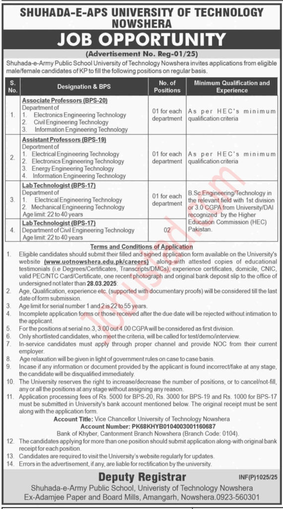 Shuhada-e-APS University of Technology Jobs in Nowshera March 2025