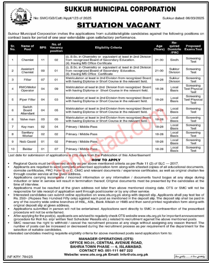 Sukkur Municipal Corporation Jobs in Karachi March 2025