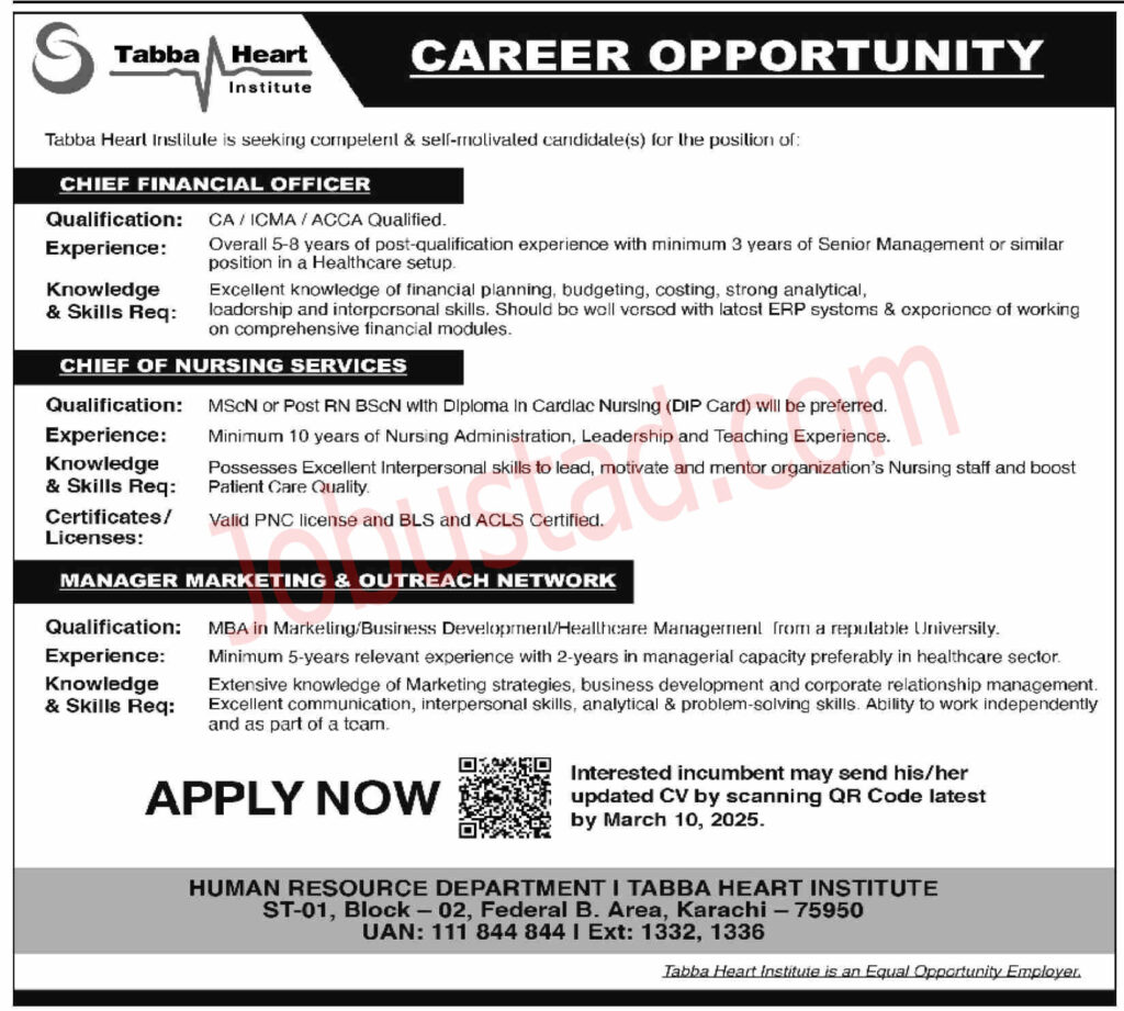 Tabba Heart Institute Jobs in Karachi March 2025