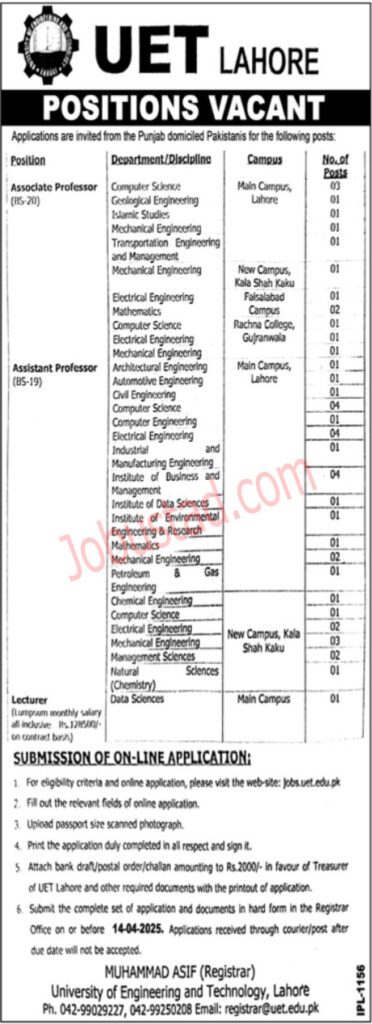 Teaching Staff Jobs in UET April 2025 
