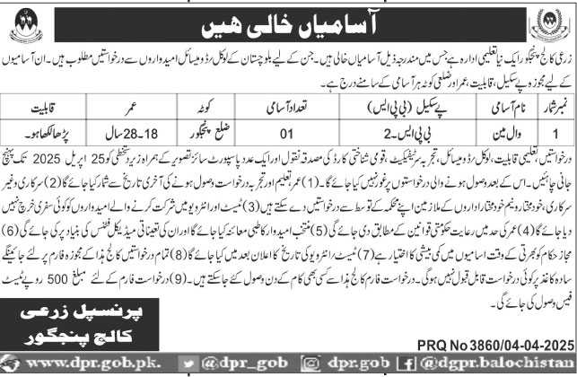 Valveman Jobs in Agricultural College Panjgor April 2025