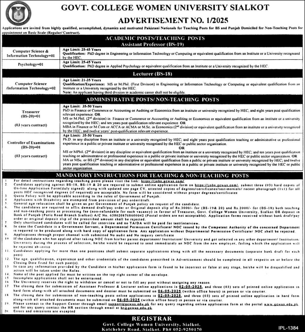 Govt. College Women University Sialkot Jobs April 2025