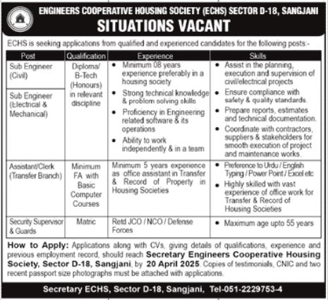 Engineers Cooperative Housing Society ECHS Jobs in SangJani April 2025