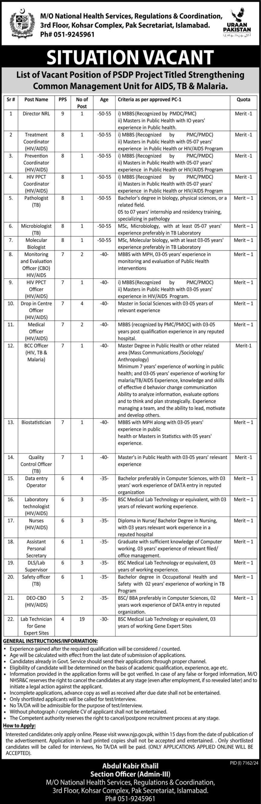 Ministry of National Health Services Jobs in Islamabad April 2025 – Apply Online