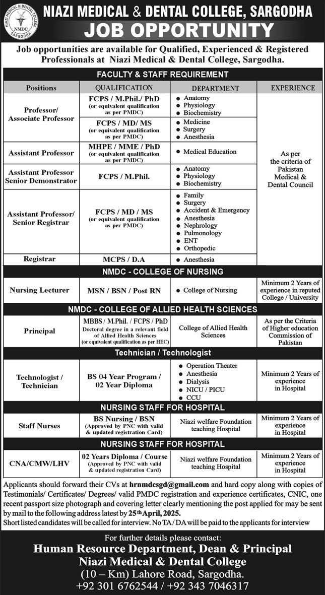 Niazi Medcal and Dental College Jobs in Sargodha April 2025