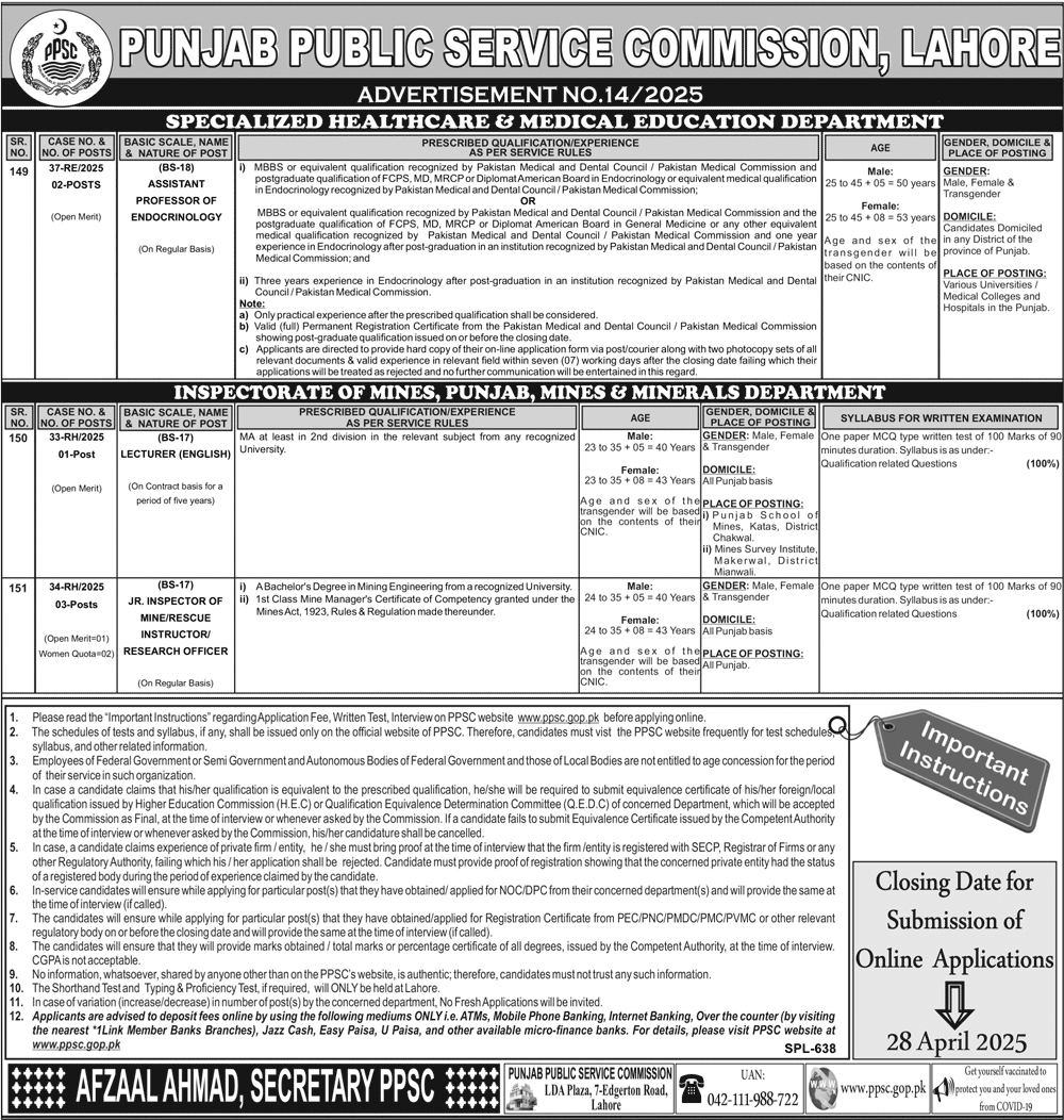 Punjab Public Service Commission PPSC Jobs April Advertisement No 14/2025