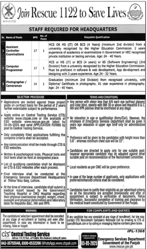 Rescue 1122 Jobs in Punjab April 2025 for Headquarters 