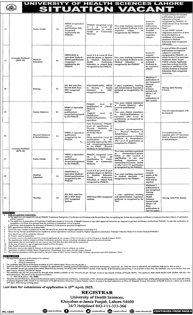 University of Health Sciences Lahore Jobs in Punjab Advertisement