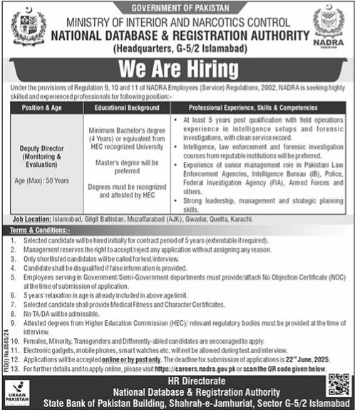 National Database and Registration Authority NADRA Jobs June 2025