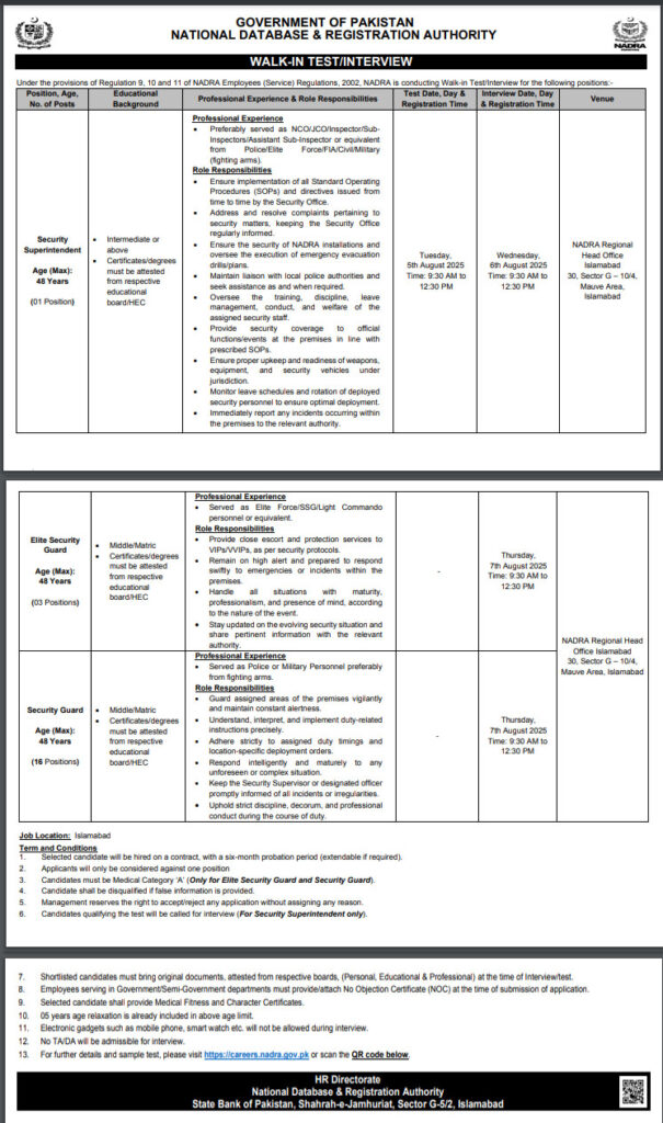 National Database and Registration Authority NADRA Jobs in Islamabad Region July 2025