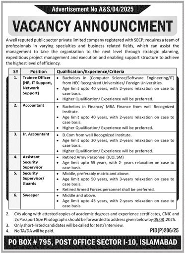 Public Sector Organization Jobs in Islamabad July 2025