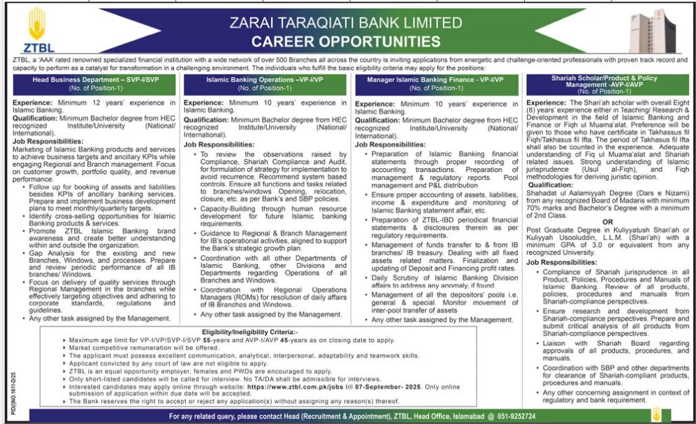 Zarai Taraqiati Bank Limited ZTBL Jobs in Pakistan September 2025