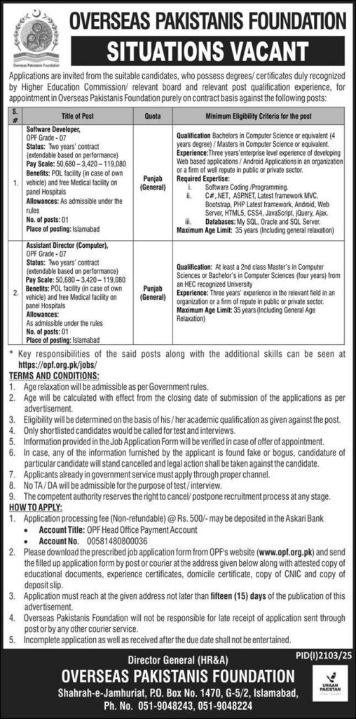 Overseas Pakistanis Foundation Jobs September 2025