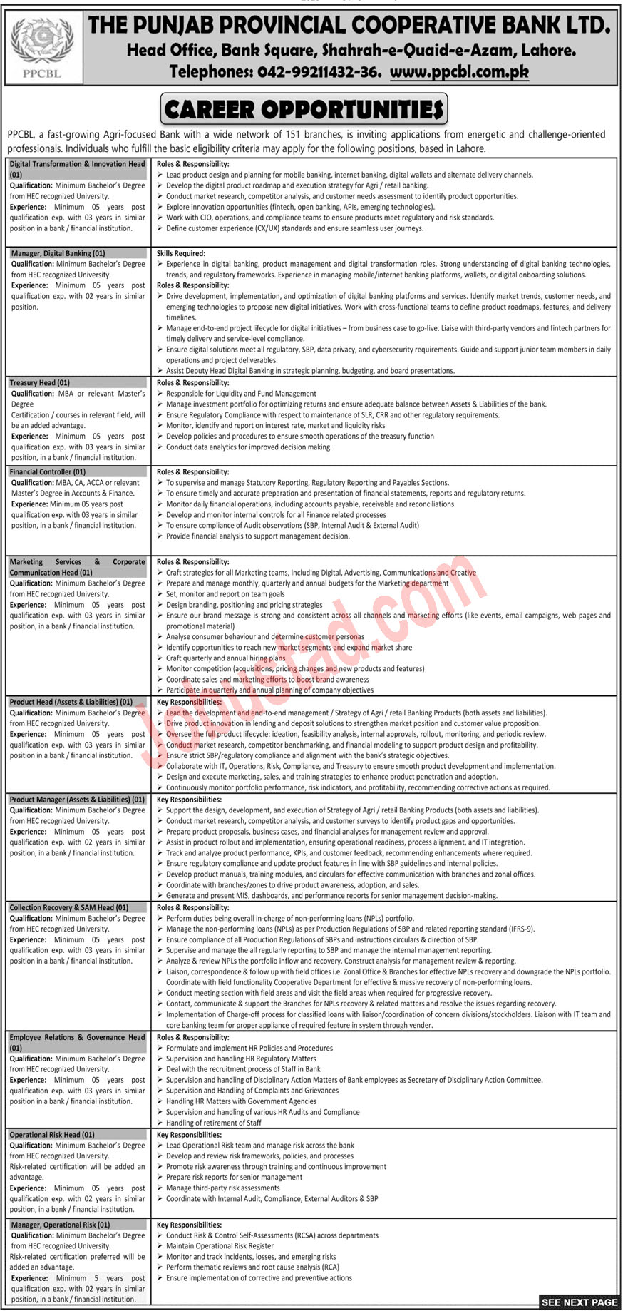 Punjab Provincial Cooperative Bank Limited Jobs September 2025