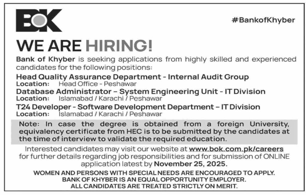 Bank of Khyber Hiring Staff November 2025