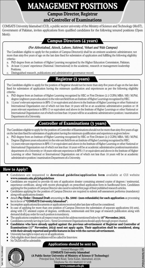 Comsats University Islamabad CUI Vacancy Announcement in Pakistan November 2025 
